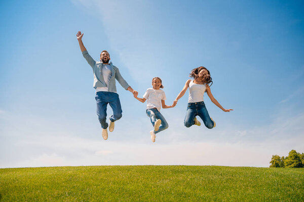 Happy family jumping on meadow