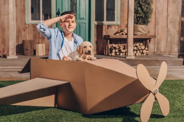 Мальчик с щенком в картонном самолете — стоковое фото