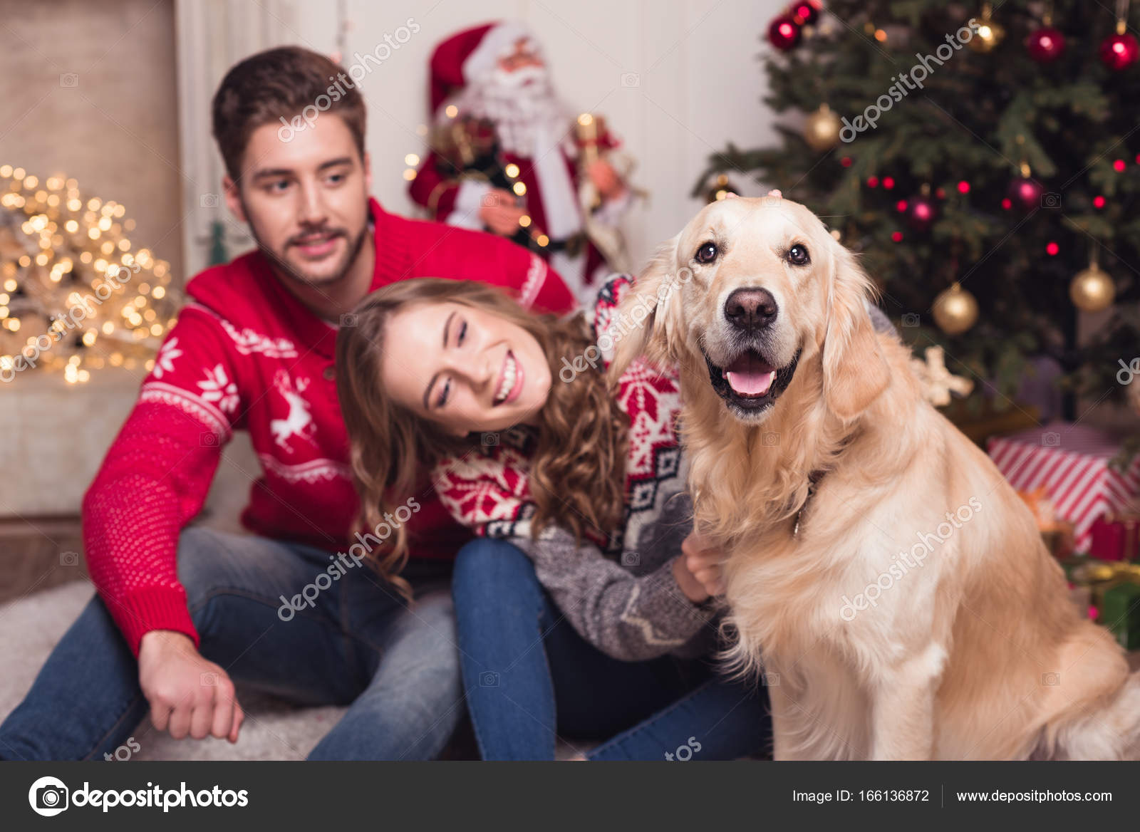 Couple with dog at christmastime — Stock Photo © alebloshka #166136872