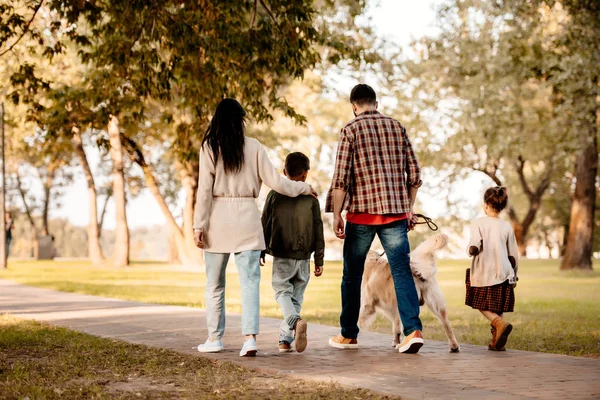 Family walking dog in park — Stock Photo, Image