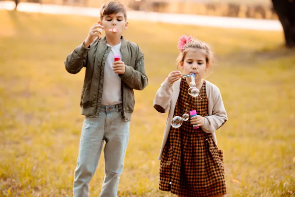 Siblings blowing soap bubbles — Stock Photo, Image