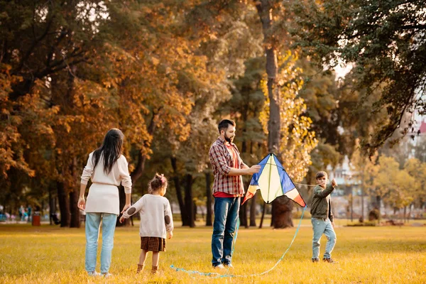 Família voando pipa no parque — Fotografia de Stock