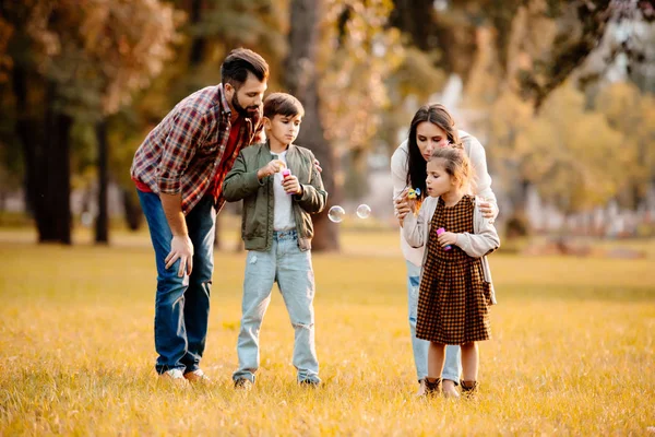 Family blowing soap bubbles — Stock Photo, Image