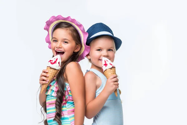 Happy kids in swimwear with ice cream — Stock Photo, Image