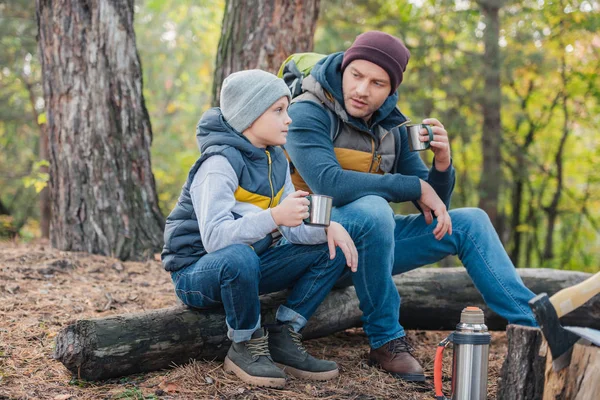 Pai e filho bebendo chá na floresta — Fotografia de Stock