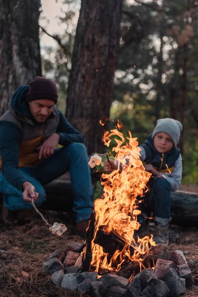 Pai e filho cozinhar marshmallows na floresta — Fotografia de Stock