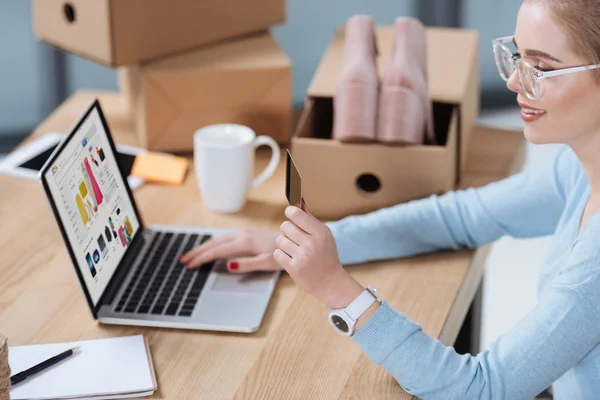 Selective Focus Woman Credit Card Hand Looking Laptop Screen Table Stock Photo