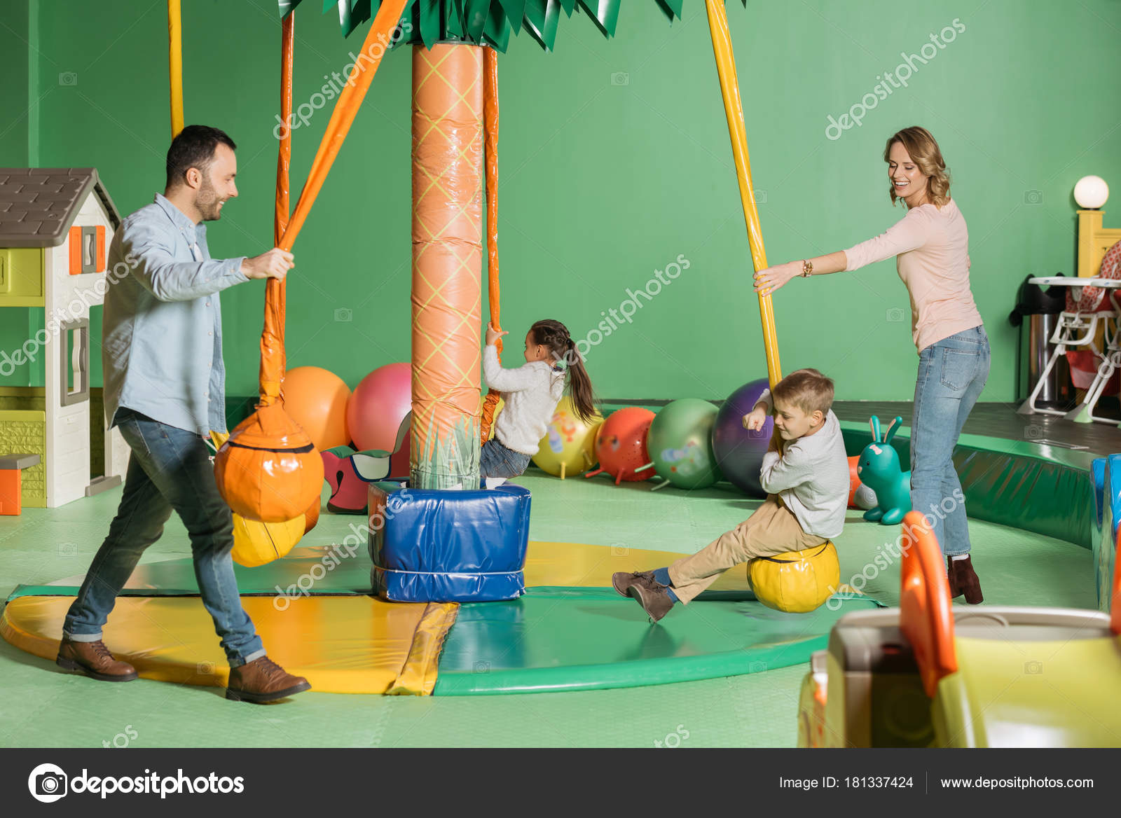 Smiling Parents Looking Happy Kids Swinging Swings Indoor Play Center Stock Photo By C Alebloshka Smiling Parents Looking Happy Kids Swinging Swings Indoor Play Center Stock Photo By C Alebloshka
