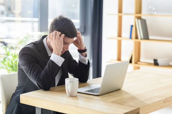 Young Businessman Suffers Headache While Working Laptop — Stock Photo, Image