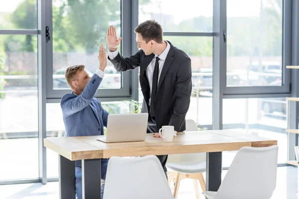 Successful Businessmen Giving High Five Laptop Modern Office — Stock Photo, Image
