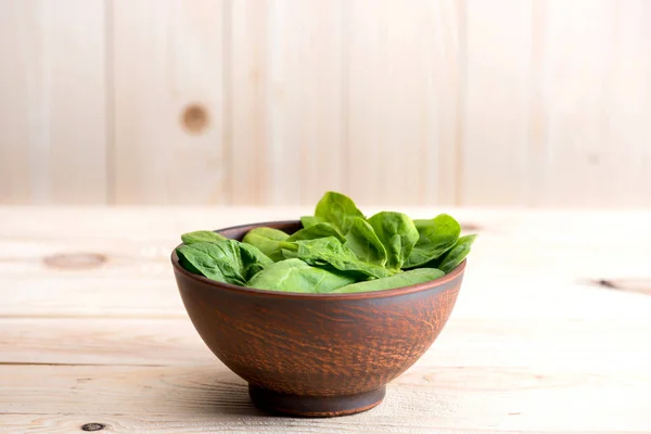 Spinach leaves in ceramic bowl — Stock Photo