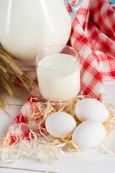 Latte fresco in vetro e brocca — Foto stock
