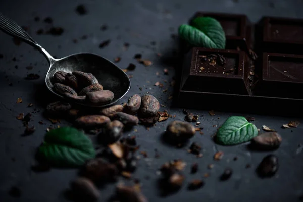 Barra de chocolate y cuchara con granos de cacao - foto de stock