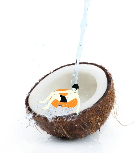 Drawn man on float in tropical coconut half — Stock Photo