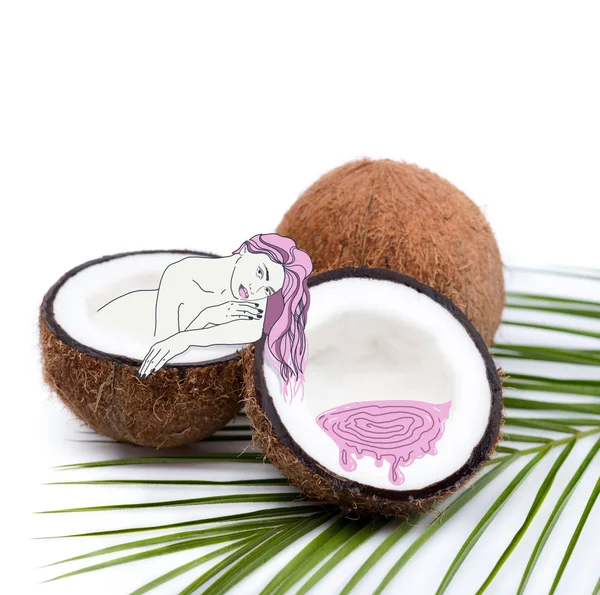 Woman bathing in coconut half — Stock Photo