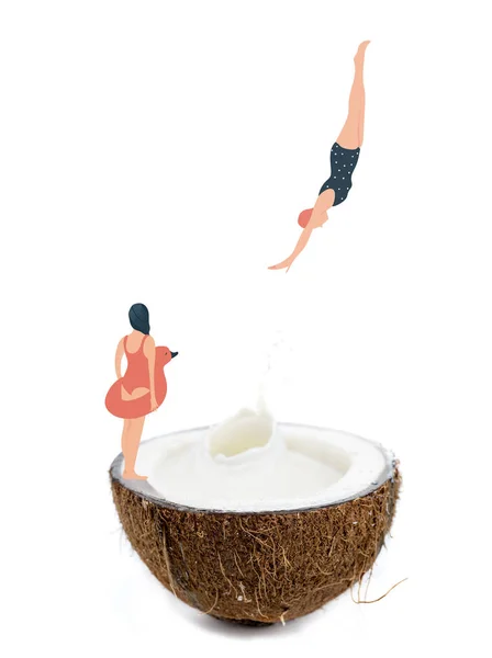 Frau taucht in Kokosnusshälfte ein — Stockfoto