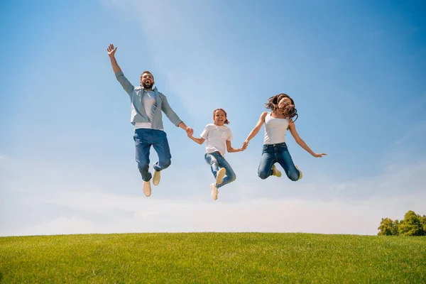 Feliz familia saltando en el prado - foto de stock