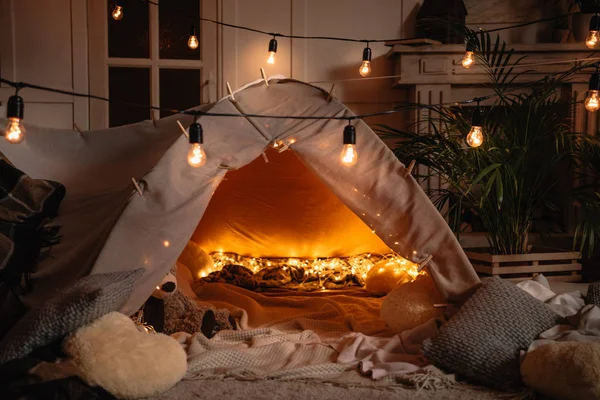 Handmade tent with lights — Stock Photo