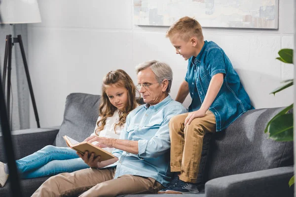 Livre de lecture grand-père et petits-enfants — Photo de stock