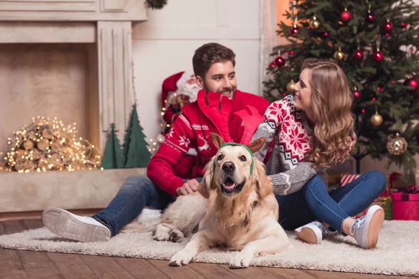 Пара с собакой на Рождество — стоковое фото