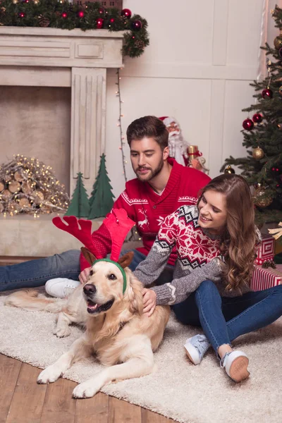 Pareja con perro en navidad - foto de stock