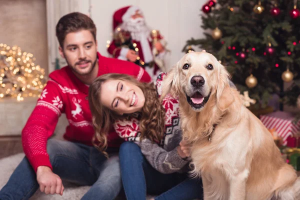 Casal com cão no Natal — Fotografia de Stock