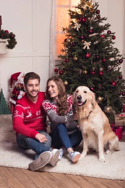 Pareja con perro en navidad - foto de stock