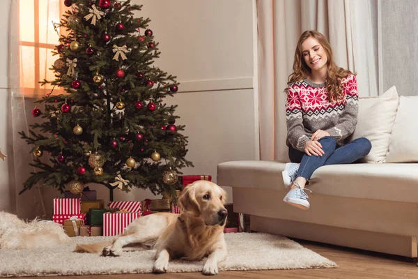 Jovem mulher e cão no Natal — Fotografia de Stock