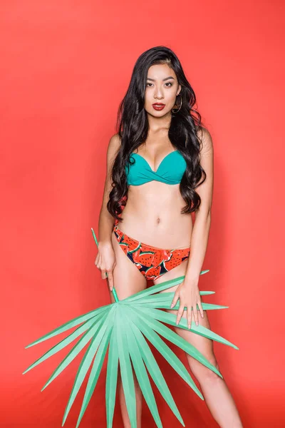 Mujer en traje de baño con hoja de palma - foto de stock