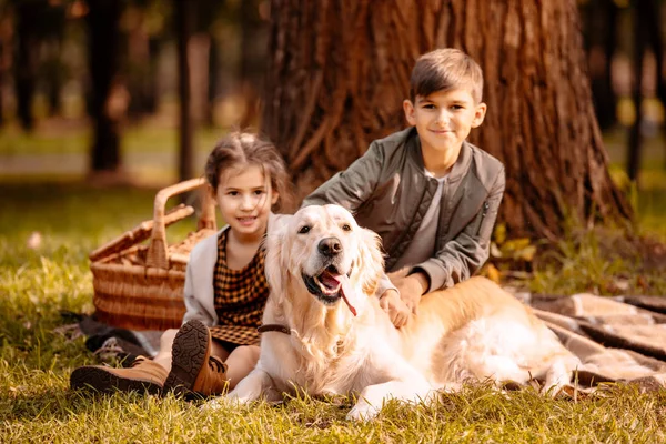 Children petting dog in park — Stock Photo