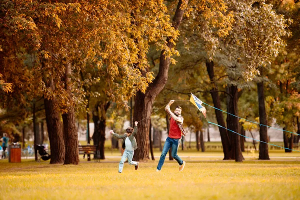 Padre e hijo jugando con cometa - foto de stock