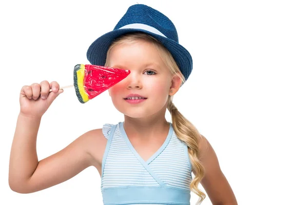 Niño en traje de baño con helado - foto de stock