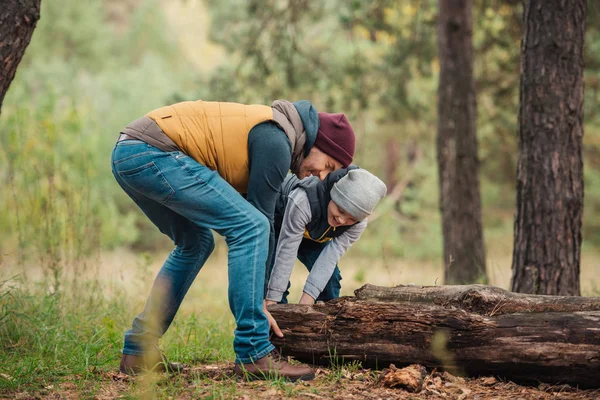 Pai e filho movendo log na floresta — Fotografia de Stock