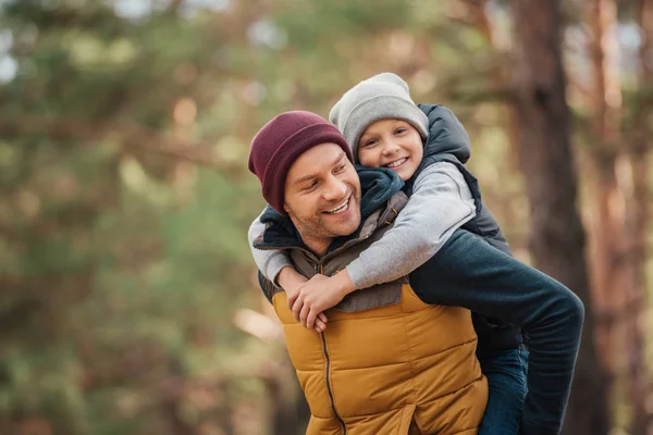 Padre piggybacking hijo en bosque - foto de stock