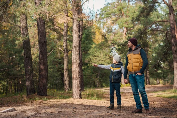 Padre e hijo caminando en el bosque - foto de stock