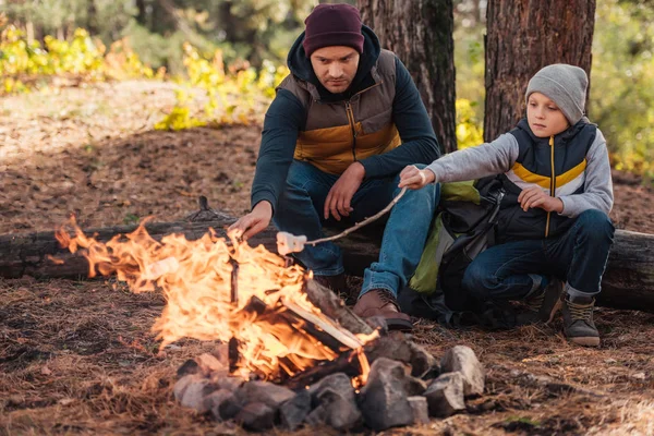 Padre e figlio che cucinano marshmallow nella foresta — Foto stock