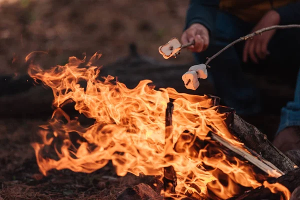 Cuisson des guimauves sur le feu de joie — Photo de stock