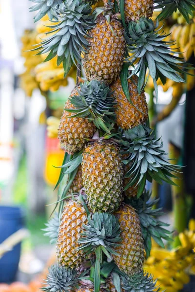 Pineapples hanging on market — Stock Photo