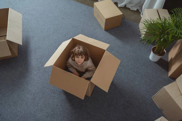 Vista de ángulo alto de niño pequeño sentado en la caja y mirando a la cámara durante la reubicación - foto de stock