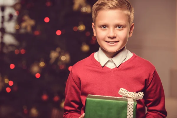 Niño sonriente con regalo de Navidad Imágenes De Stock Sin Royalties Gratis