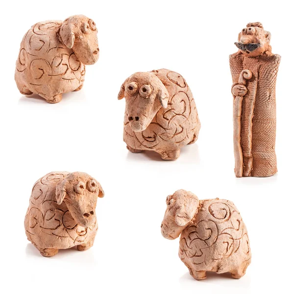 Shepherd and sheep from clay made by children — Stock Photo, Image