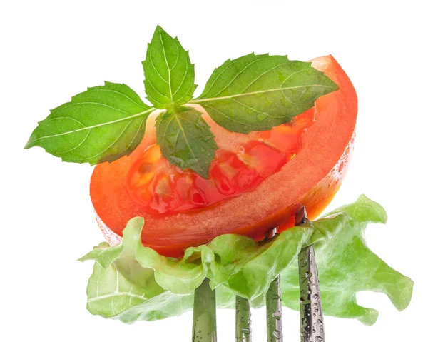 Skiva Tomat Gaffeln Isolerad Vit — Stockfoto
