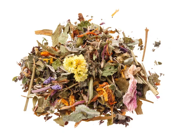 Pilha de chá de ervas no fundo branco. Hortelã, erva-cidreira, rosa peta — Fotografia de Stock