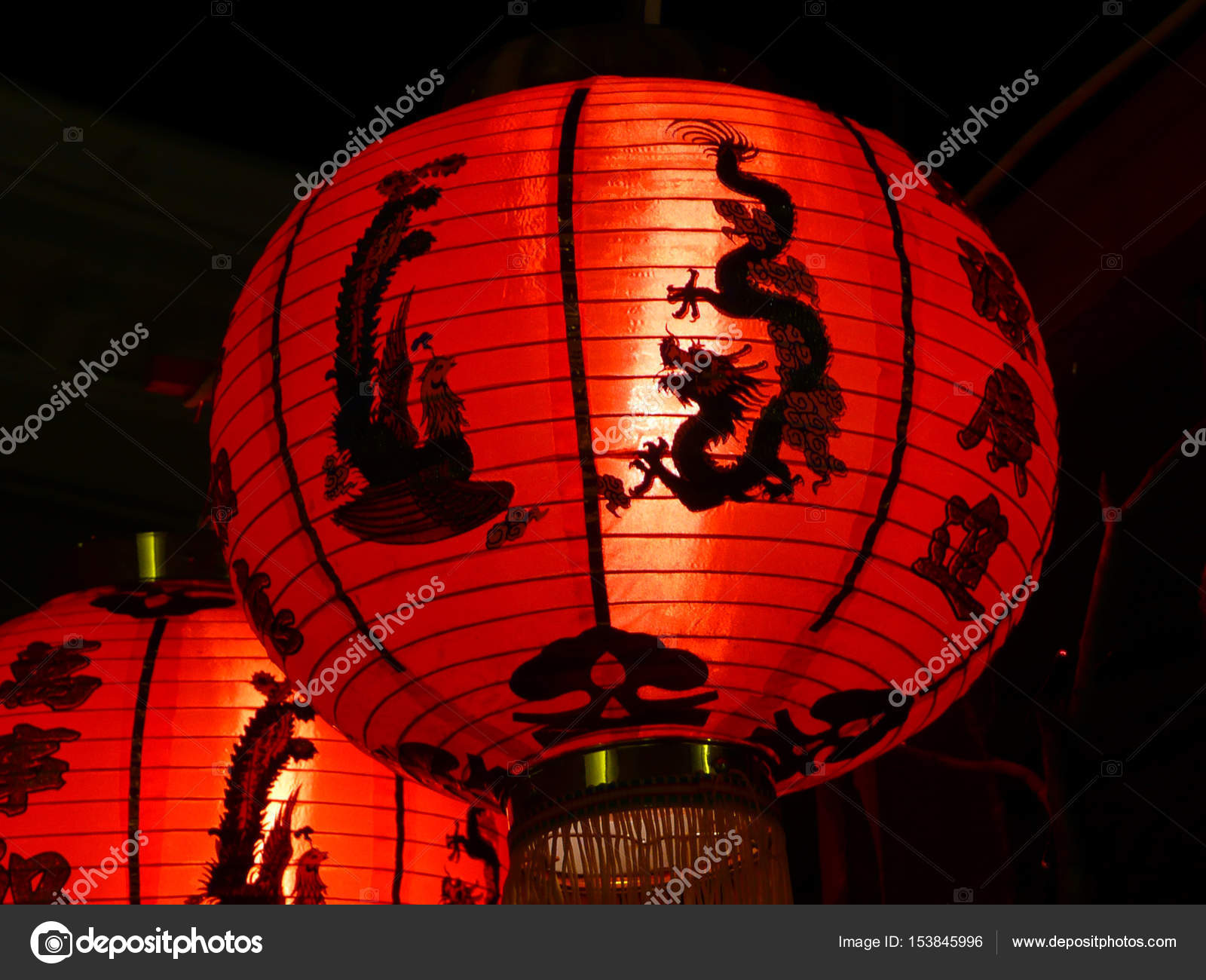 Closeup Of Red Chinese Paper Lantern With Bird And Dragon Stock Closeup Of Red Chinese Paper Lantern With Bird And Dragon Stock Photo