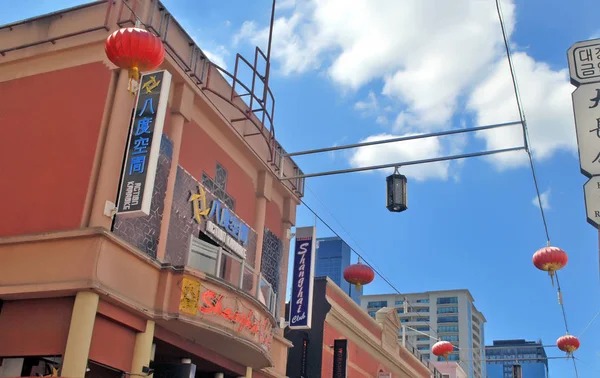 Melbourne Australien Marts 2016 Røde Kinesiske Lanterner Chinatown Hovedgaden Lav - Stock-foto
