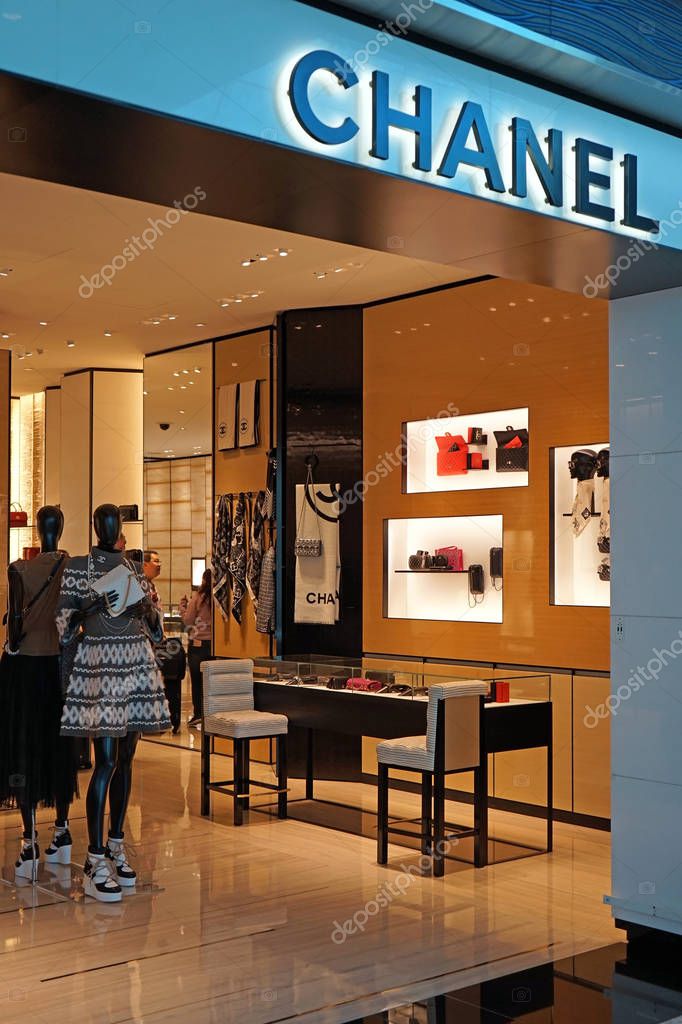 DUBAI, UAE - November 14, 2019: Chanel boutique store entrance at Dubai International Airport. Chanel S.A. is a luxury high fashion house, founded in 1909.