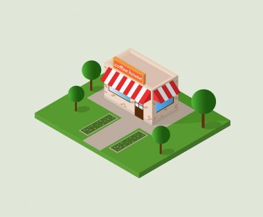 izometrik bina kahvehane beyaz arka plan üzerinde izole vektör çizim