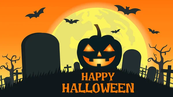 Fondo de Halloween con sonrisa diablo calabaza en el cementerio y la luna llena - Ilustración vectorial — Vector de stock