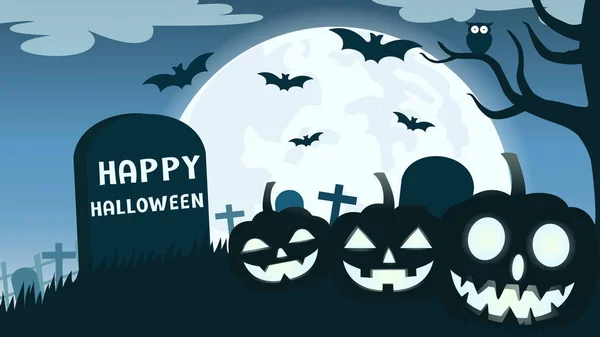 Fondo de Halloween con sonrisa diablo calabaza en el cementerio y la luna llena - Ilustración vectorial — Vector de stock