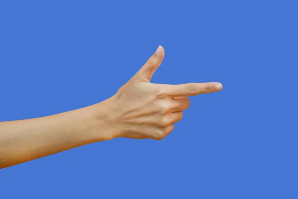 Женщина Указывая Рукой Касаясь Экрана Изолированы Синем Фоне Включая Клипинг — стоковое фото